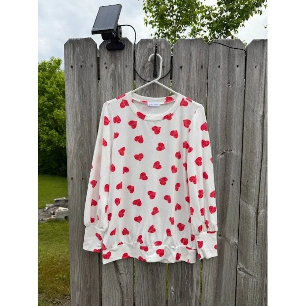 First Love by Lovelyn Womens White Red Glitter Heart Long Sleeve Top Small 11718